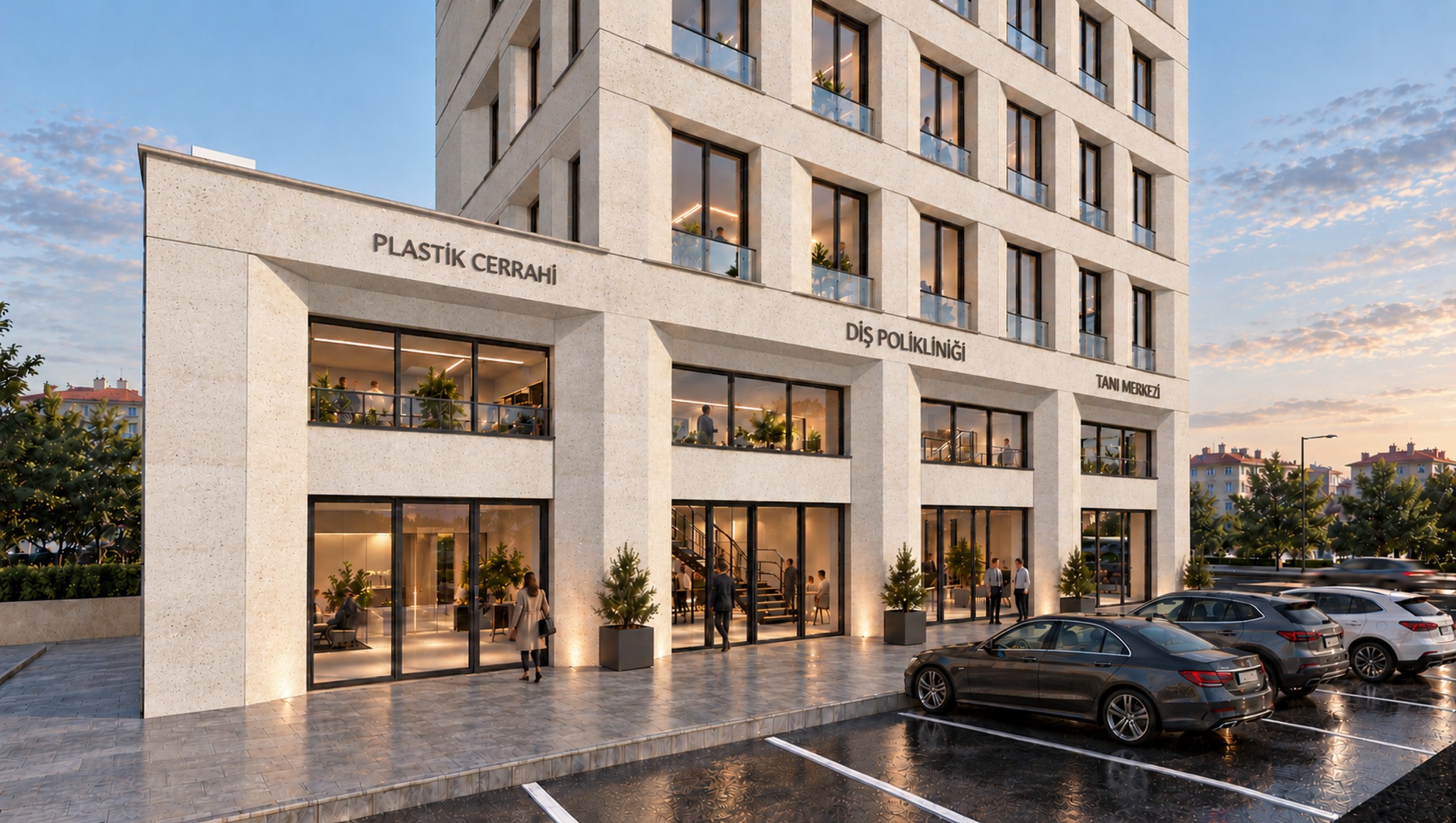 Altunbay Plaza girişlerini ve cephe karakterini gösteren mimari görselleştirme